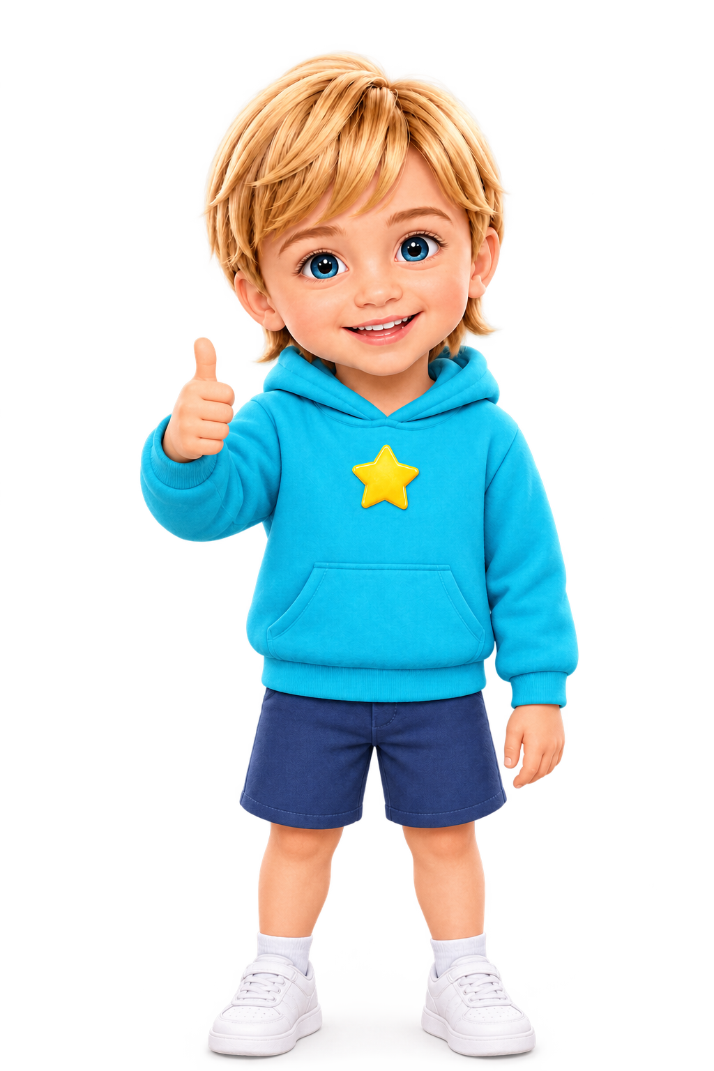 Jad, a smiling cartoon boy in a turquoise star hoodie giving a thumbs up
